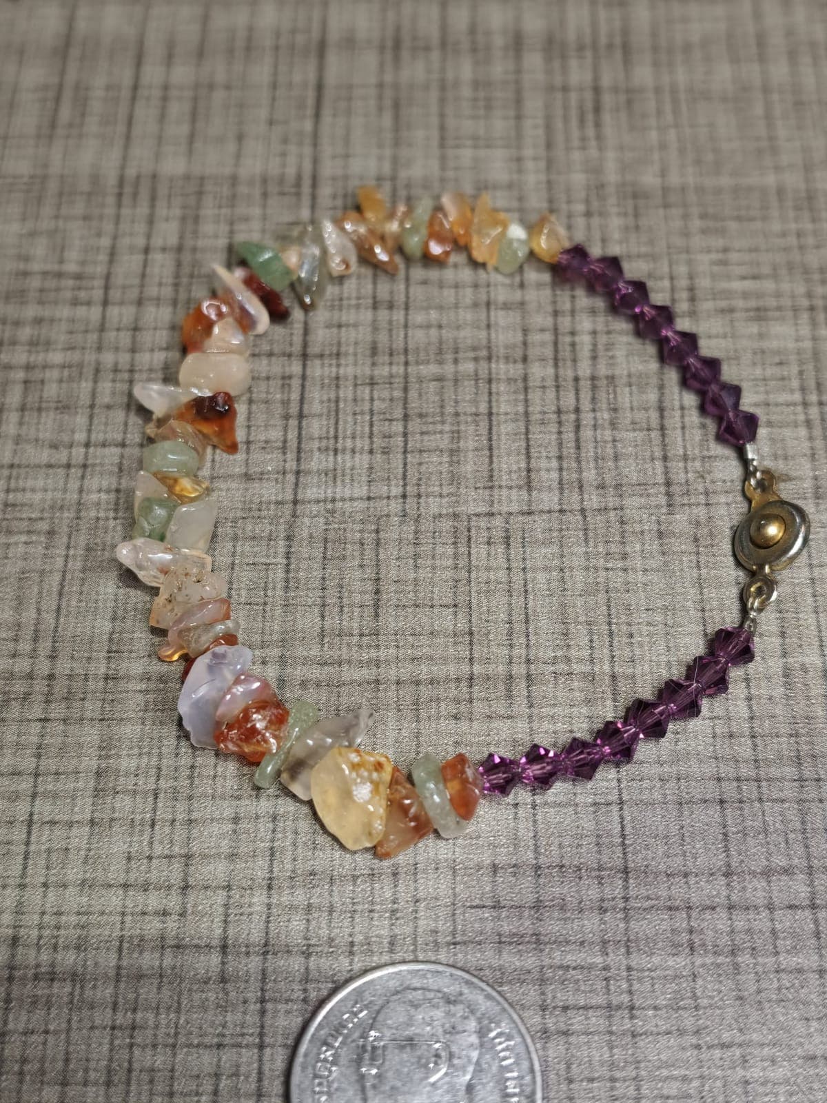 Dainty Mixed Gemstone Chip & Amethyst-Tone Crystal Bracelet